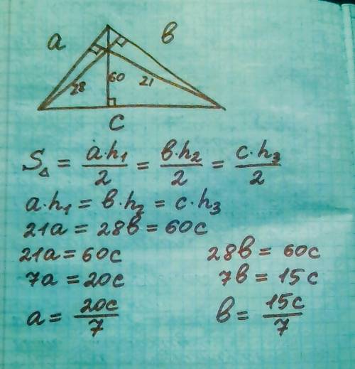 Высоты треугольника равны 21, 28 и 60. найти площадь треугольника