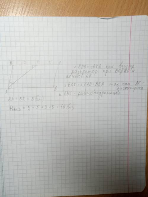 Впараллелограмме авсd, биссектриса острого угла а делит сторону вс на отрезки вк = 3 см и кс = 2 см.