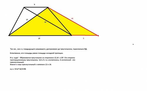 Втрапеции длины равны 5 и 15 см а длины диагоналей 12 и 16 см. найдите площадь трапеции