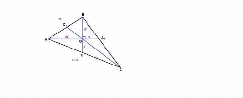 Медианы аа1 и вв1 треугольника авс перпендикулярны друг другу. найти все три медианы если ab=10 и ac