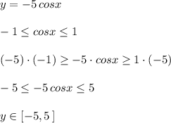 y=-5\, cosx\\\\-1\leq cosx\leq 1\\\\(-5)\cdot (-1)\geq -5\cdot cosx\geq 1\cdot (-5)\\\\-5\leq -5\, cosx\leq 5\\\\y\in [-5,5\, ]
