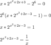 \displaystyle x*2^{x^2+2x+3}-2^6=0\\\\ 2^6(x*2^{x^2+2x-3}-1)=0\\\\ x*2^{x^2+2x-3}=1\\\\ 2^{x^2+2x-3}=\frac{1}{x}