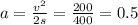 a=\frac{v^2}{2s} = \frac{200}{400} =0.5