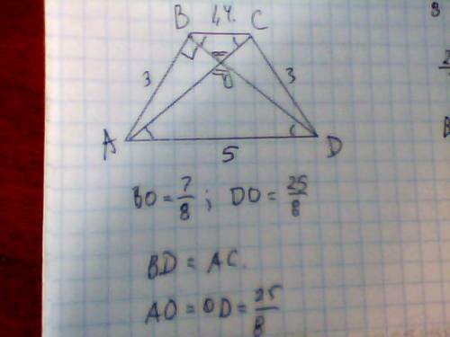 Вравнобоковой трапеции absd с основаниями ad и bc диагонали пересекаются в точке o. известно, что bo