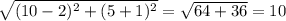 \sqrt{(10-2)^2+(5+1)^2}=\sqrt{64+36}=10