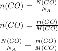 n(CO)=\frac{N(CO)}{N_A}\\ \\ n(CO)=\frac{m(CO)}{M(CO)} \\ \\ \frac{N(CO)}{N_A}=\frac{m(CO)}{M(CO)}