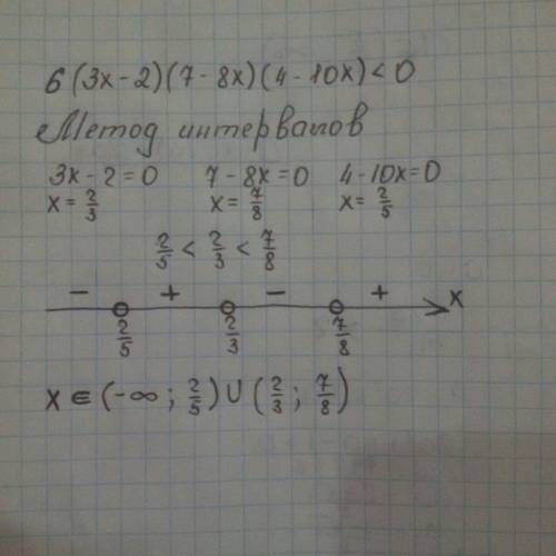 Решить неравенство 6 (3x -2) (7-8x) (4-10x) < 0