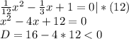 \frac{1}{12}x^2-\frac{1}{3} x+1=0 |*(12)\\ x^{2}-4x+12=0\\ D=16-4*12