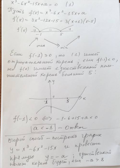 При каких значениях параметра а уравнение х^3-6x^2-15x+a=0 имеет ровно один, причем положительный ко