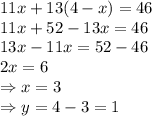 11x+13(4-x)=46 \\\ 11x+52-13x=46 \\\ 13x-11x=52-46 \\\ 2x=6 \\\ \Rightarrow x=3 \\\ \Rightarrow y=4-3=1