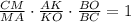 \frac{CM}{MA}\cdot}\frac{AK}{KO}\cdot\frac{BO}{BC}=1