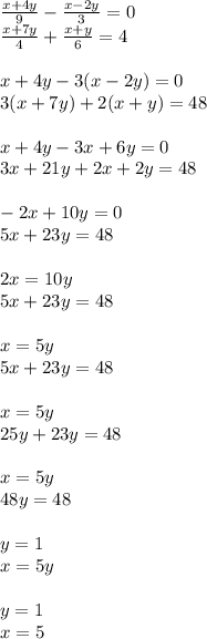 \frac{x + 4y}{9} - \frac{x - 2y}{3} = 0 \\ \frac{x + 7y}{4} + \frac{x + y}{6} = 4 \\ \\ x + 4y - 3(x - 2y) = 0 \\ 3(x + 7y) + 2(x + y) = 48 \\ \\ x + 4y - 3x + 6y = 0 \\ 3x + 21y + 2x + 2y = 48 \\ \\ - 2x + 10y = 0 \\ 5x + 23y = 48 \\ \\ 2x = 10y \\ 5x + 23y = 48 \\ \\ x = 5y \\ 5x + 23y = 48 \\ \\ x = 5y \\ 25y + 23y = 48 \\ \\ x = 5y \\ 48y = 48 \\ \\ y = 1 \\ x = 5y \\ \\ y = 1 \\ x = 5