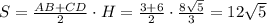 S=\frac{AB+CD}{2}\cdot H=\frac{3+6}{2}\cdot \frac{8\sqrt{5}}{3}=12\sqrt{5}