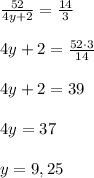 \frac{52}{4y+2}=\frac{14}{3}\\\\4y+2=\frac{52\cdot 3}{14}\\\\4y+2=39\\\\4y=37\\\\y=9,25