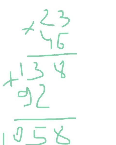 Решить пример (23 × 46=) столбиком 23 × 46=