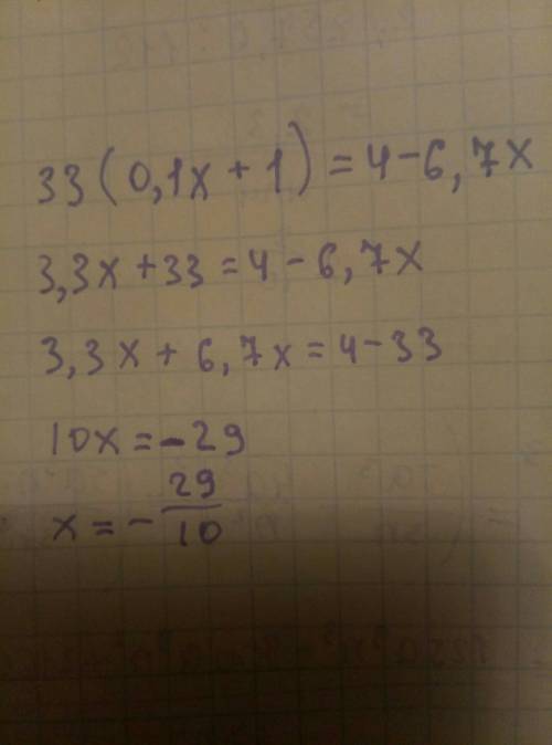 Решите уравнение ) 33(0,1х+1)=4-6,7х ❤