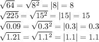 \sqrt{64} = \sqrt{ {8}^{2} } = |8| = 8 \\ \sqrt{225} = \sqrt{15 ^{2} } = |15| = 15 \\ \sqrt{0.09} = \sqrt{0.3 ^{2} } = |0.3| = 0.3 \\ \sqrt{1.21 } = \sqrt{1.1 ^{2} } = |1.1| = 1.1