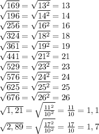 \sqrt{169} =\sqrt{13^{2} } =13\\ \sqrt{196} =\sqrt{14^{2} } =14\\ \sqrt{256} =\sqrt{16^{2} } =16\\ \sqrt{324}=\sqrt{18^{2} }=18\\ \sqrt{361} =\sqrt{19^{2} } =19\\ \sqrt{441} =\sqrt{21^{2} } =21\\ \sqrt{529} =\sqrt{23^{2} } =23\\ \sqrt{576}=\sqrt{24^{2} } =24\\ \sqrt{625}=\sqrt{25^{2} }=25\\ \sqrt{676}=\sqrt{26^{2} } =26\\ \sqrt{1,21}=\sqrt{\frac{11^{2} }{10^{2} } }=\frac{11}{10} = 1,1\\ \sqrt{2,89} =\sqrt{\frac{17^{2} }{10^{2} } } =\frac{17}{10} =1,7