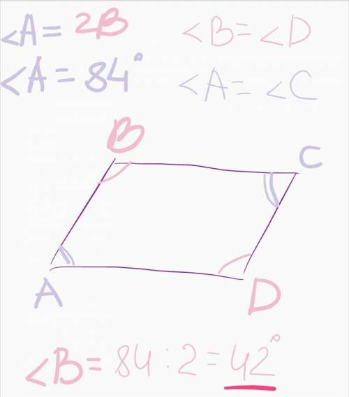 Найдите углы параллелограмма abcd, если: ∠a=84 градуса ; ∠a=2∠b.