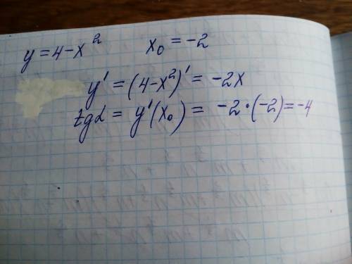 Найдите тангенс угла наклона касательной, проведенной к графику функции у=4-x² в его точке с абсцисс