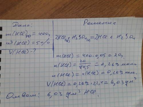 Рассчитайте объем хлороводорода полученного при взаимодействии серной кислоты с 400 г хлорид калия,