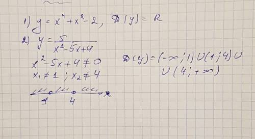 Найти область определения функции 1)y=x^4+x^2-2 2)y=5/x^2-5x+4