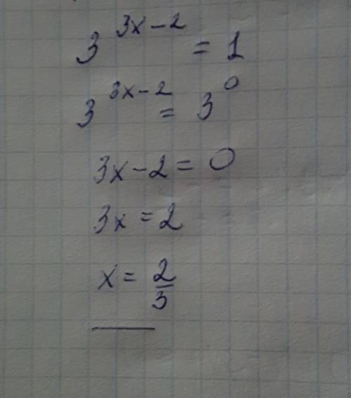 Решить уравнение : 3 в степени 3х-2 = 1