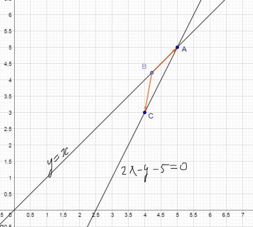 Вравнобедренном треугольнике авс заданы вершины с(4; 3), уравнение 2х – у – 5 = 0 основания ас и ура