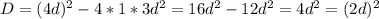 D=(4d)^2-4*1*3d^2=16d^2-12d^2=4d^2=(2d)^2