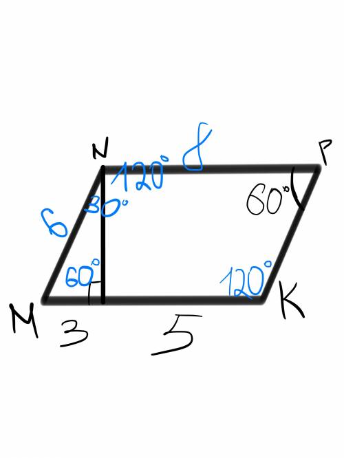 Дан параллелограм mnpk , в котором угол p=60гр. перпендикуляр nd, проведенный к сторондр mk, делит е