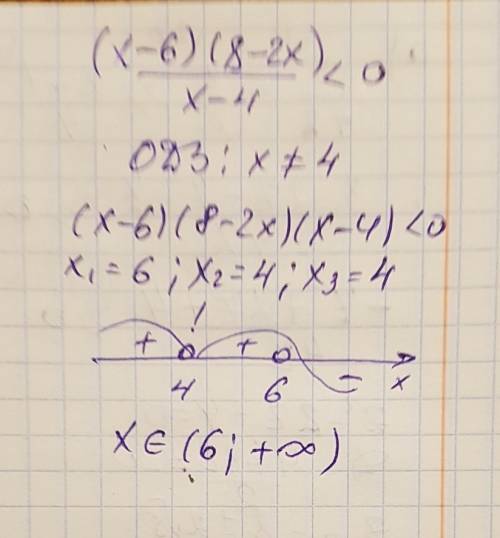 Решите неравенство: (x-6)(8-2x)/x-4< 0