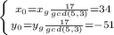 \left \{ {{x_0 = x_g \frac{17}{gcd(5, 3)} = 34} \atop {y_0 = y_g\frac{17}{gcd(5, 3)}=-51} \right.