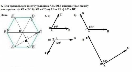 6. для правильного шестиугольника abcdef найдите угол между векторами a) ab и bc b) ab и bc c) ab и