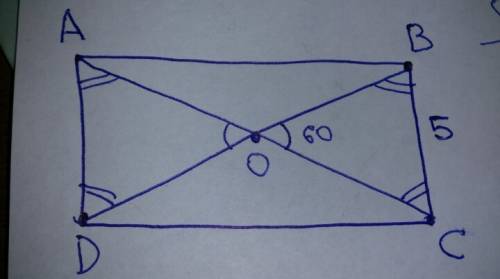 Меньшая сторона прямоугольника равна 5см, диагонали пересекаются под углом 60°. найдите диагонали пр
