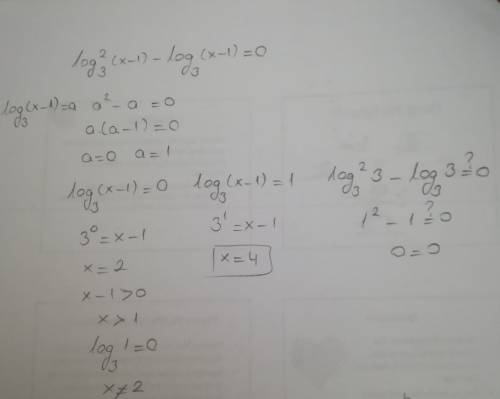 Подскажите как решить log^2 основание 3 (x-1)- log основание3 (x-1)=0