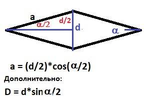 Менша діагональ ромба дорівнює m, гострий кут-а. знайти сторону ромба і другу діагональ