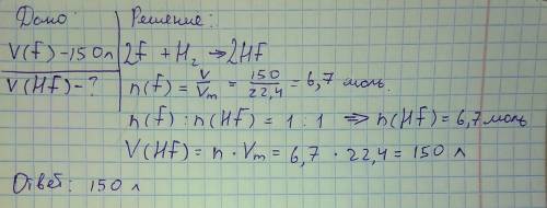 ))вычислите объем фтороводорода образующегося при взаимодействии 150 л фтора с достаточным количеств