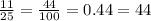 \frac{11}{25} = \frac{44}{100} = 0.44 = 44 \\