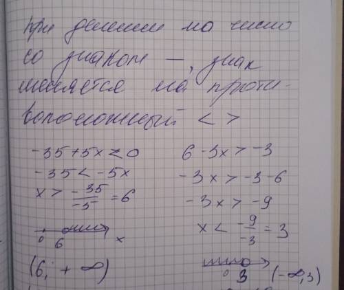 Укажите множество решений системы неравенств -35+5x< 0 6-3x> -3