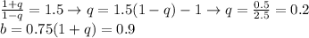 \frac{1 + q}{1 - q} = 1.5 \rightarrow q = 1.5(1 - q) - 1 \rightarrow q = \frac{0.5}{2.5} = 0.2 \\ b = 0.75(1 + q) = 0.9