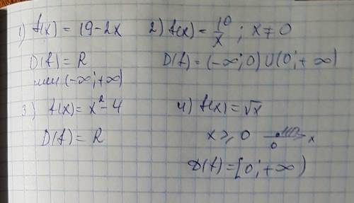 Найти область определения функции f(x)=19-2x f(x)=10/x f(x)=x2-4 f(x) =корень х