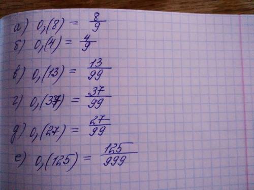Подберите обыкновенную дробь, равную периодической дроби: а) 0,(8) б) 0,(4) в) 0,(13) г) 0,(37) д) 0