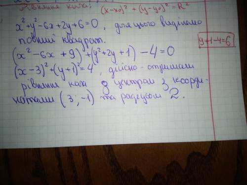 Доведіть що дане рівняння є рівнянням кола і вкажіть його координати центра і радіус х^2+y^2-6x+2y+6