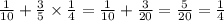 \frac{1}{10} + \frac{3}{5} \times \frac{1}{4} = \frac{1}{10} + \frac{3}{20} = \frac{5}{20} = \frac{1}{4}