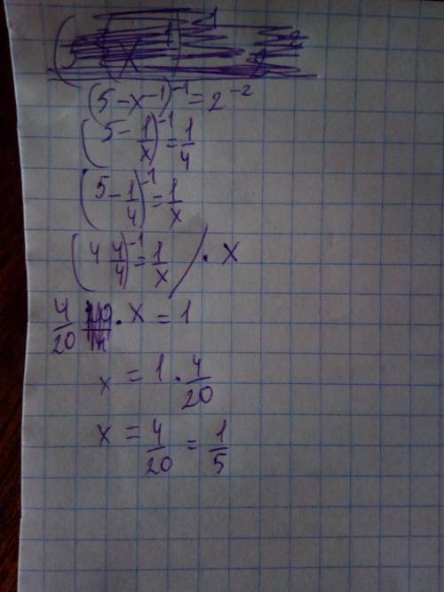 Решите уравнение (5-x^(-1))^(-1)=2^(-2) 14