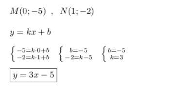 Прямая проходит через точки m(0; -5) и n(1; -2) .написать уравнение этой прямой