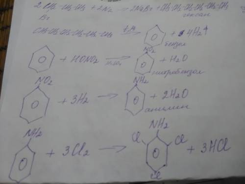 Напишите уравнения реакции по схеме: 1 - бромпропан - гексан - бензол - нитробензол - анилин - 2,4,6