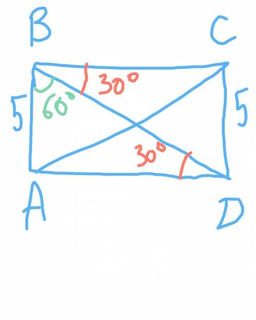 Впрямоугольнике диагональ делит угол в отношении 1: 2,меньшая его сторона равна 5. найдите диагональ