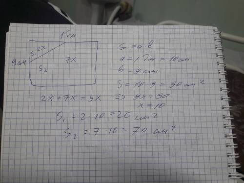 Площадь прямоугольника разделена на две части в отношении 2: 7. вычисли площадь каждой части, если с