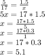 \frac{5}{17} =\frac{1.5}{x} \\5x=17*1.5\\x=\frac{17*1.5}{5} \\x= \frac{17*0.3}{1} \\x=17*0.3\\x= 5.1